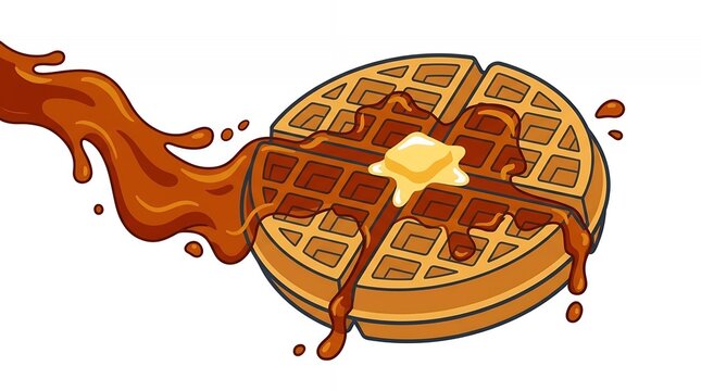 Tasty Golden Brown Round Waffle Illustration with Fresh Butter and Rich Caramel Syrup Splashing on Top