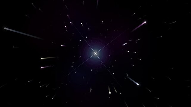 Abstract space background with a glowing central star and radiating light streaks, depicting warp speed, cosmic travel, or a dynamic energy burst