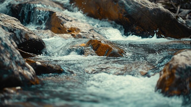 Hyper-detailed professional photography of a rapid mountain stream flowing over textured wet rocks with clear water splashes and natural forest river movement in close-up perspective.