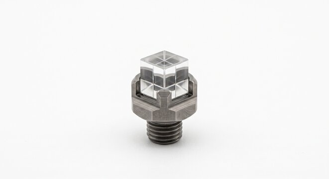 Laser interferometer retroreflector prism corner cube in micro-machined titanium housing. Precision metrology calibration optical hardware. Macro on white background.
