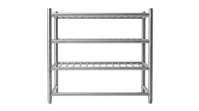 Empty threetier stainless steel kitchen shelving unit isolated on transparent background