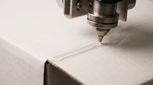 Industrial machine dispensing clear adhesive on cardboard packaging surface