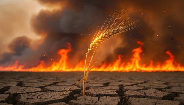 Lone single wheat stalk growing on cracked dry soil in front of raging wildfire blaze and smoke.