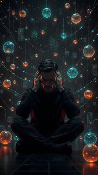 Stressed man sitting cross legged holding head in dark room filled with hanging glowing geometric spheres and neural network strings.