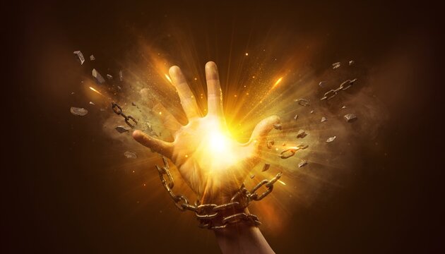 Powerful human hand breaking free from rusty iron chains with bursting radiant golden light and flying shattered debris.