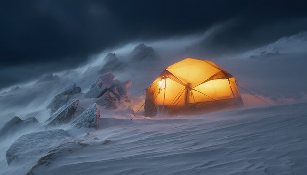Glowing orange camping dome tent sheltered on snowy mountain ridge during extreme winter blizzard storm.