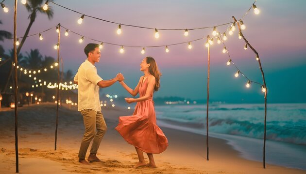 Romantic couple dancing together on sandy beach under fairy string lights during tropical sunset evening.