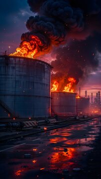 Dramatic blaze and thick black smoke billowing from exploding oil storage tanks at night refinery.
