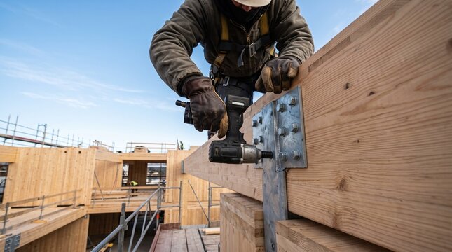 Construction worker using power tool to secure heavy steel connector on mass timber beam at sustainable eco-friendly building construction site.