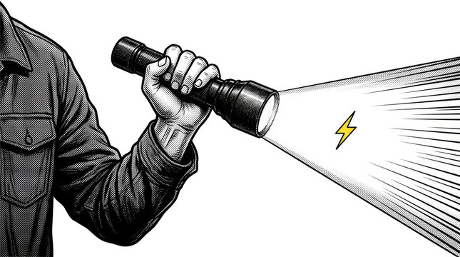 Hand holding flashlight emitting light beam with lightning bolt symbol in comic book halftone style