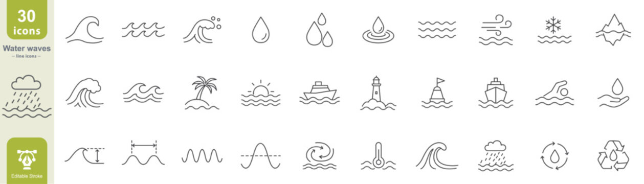 water wave line icons including droplets, waves, boats, rain, swimming, and ocean symbols for design projects editable stroke