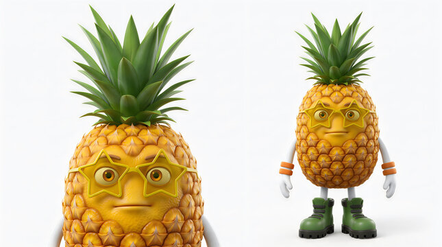 Cartoon pineapple character with expressive face and walking pose
