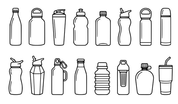 Minimal water bottle shapes thin line vector set with reusable hydration containers sports caps travel flasks and outlines