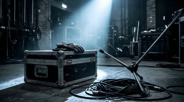 Empty recording studio with microphone and instrument stands