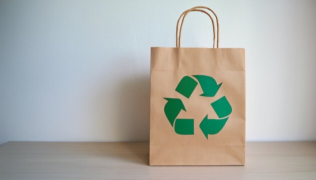 brown paper shopping bag with green recycle symbol natural material eco friendly packaging for retail stores sustainable concept for product merchandise zero waste