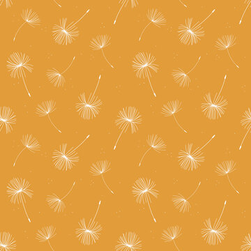 Seamless floral pattern paper with white stylized dandelions on an orange background