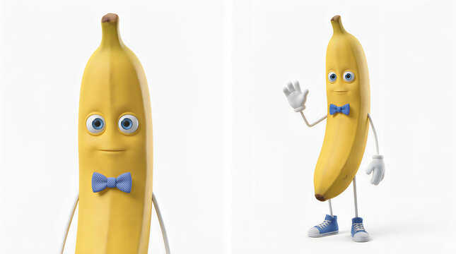 Animated cartoon banana character waving happily