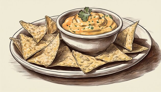 sketch of queso dip and tortilla chips on plate