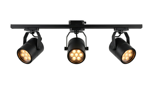 Modern black track lighting fixture with three led spotlights isolated on transparent background