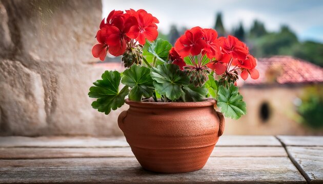 vibrant red geranium plant with green leaves in a rustic clay pot