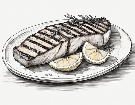 grilled swordfish steak with lemon sketch fresh seafood art