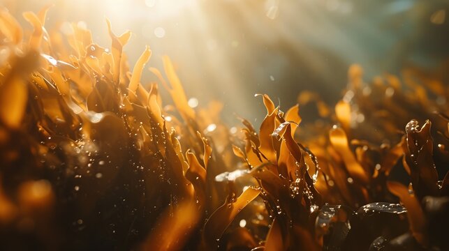 Close-up cinematic shot of golden brown seaweed swaying underwater with vibrant sun rays piercing through the clear ocean surface, highlighting natural textures and bubbles in a marine ecosystem.