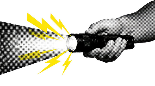Hand holding flashlight with light beam and yellow lightning bolts in halftone pop art style