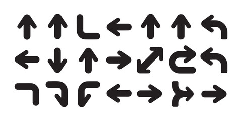 Obraz premium Black direction arrows icon set for map navigation UI design and website directional pointer symbols.