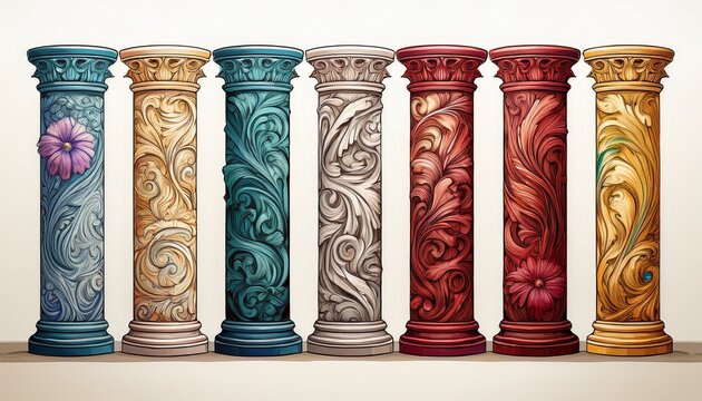 a row of five pillars each with a different color and design on white background