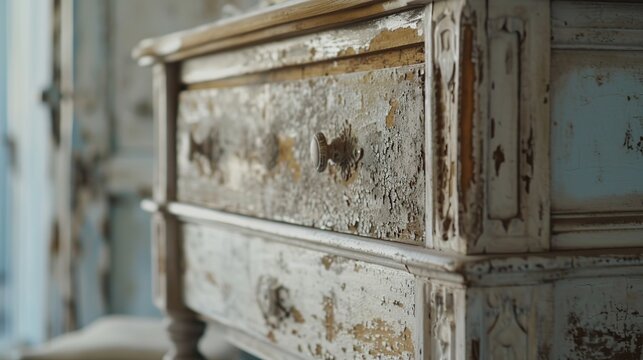 Close-up of vintage shabby chic wooden chest of drawers with distressed white peeling paint and ornate handles in a rustic interior setting.