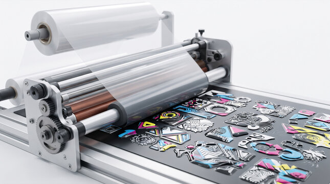 Printing machine laminating colorful three dimensional stickers with clear plastic film