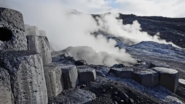 Steam drifts between blocky basalt ledges and fractured black stone as underground heat vents through a barren volcanic field, creating a stark geothermal scene shaped by pressure and ancient lava