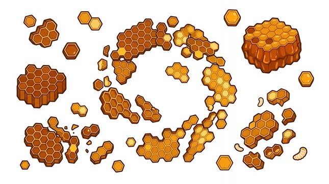 Various Golden Honeycomb Fragments with Bee Larvae and Hexagonal Wax Patterns Isolated on Plain White Background