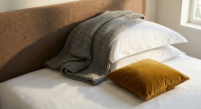 Chunky knit throw blanket and mustard velvet pillow on a boucl&eacute; headboard bed. Cozy autumn bedroom textile detail
