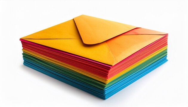 stack of colorful paper envelopes isolated on white background