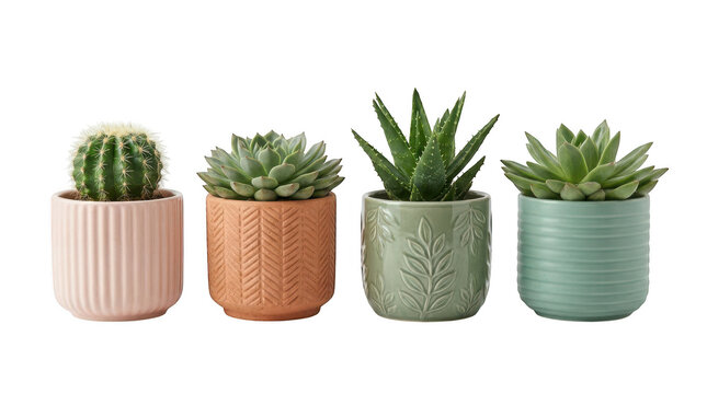Collection of four small succulent plants in decorative ceramic pots isolated on transparent background