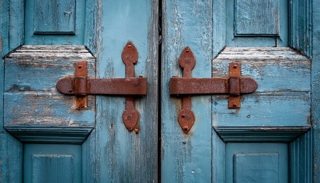 twin rusted hinges on weathered blue grey door