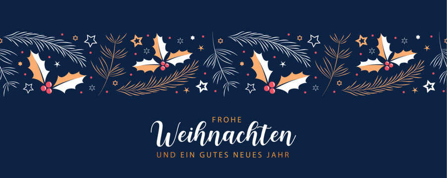 christmas greeting card banner with fir branches and holly berry border vector illustration