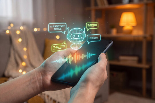 Human hands holding a smartphone displaying glowing neon robotic artificial intelligence voice assistant interface design elements