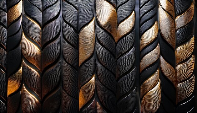 a detailed view of a hammered black and brass metal texture tile with a dimpled surface the dark metallic material features a matte finish and subtle golden highlights on the strip