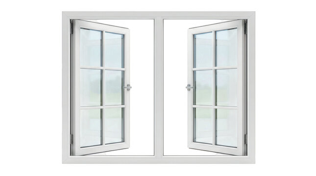 Modern white double casement window with open frames isolated on transparent background