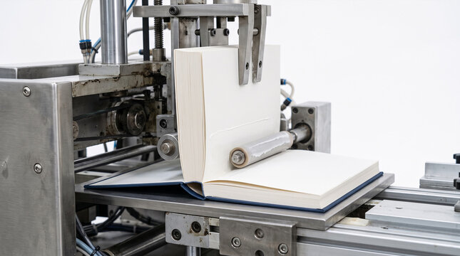 Automated book binding machine applying glue to pages in factory