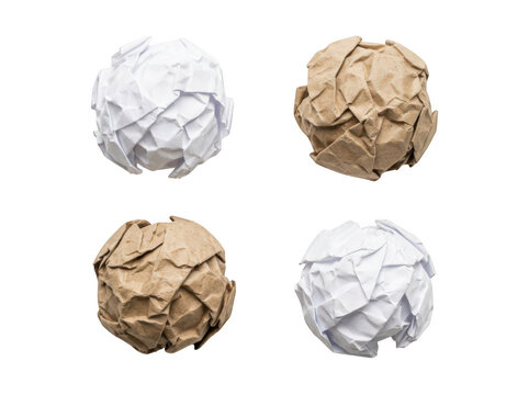 Set of crumpled paper balls in white and brown isolated on transparent background