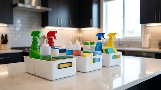 White plastic organizer caddies filled with colorful cleaning supplies, spray bottles, sponges, brushes, and microfiber cloths sitting in a line on a clean white kitchen countertop, representing home 