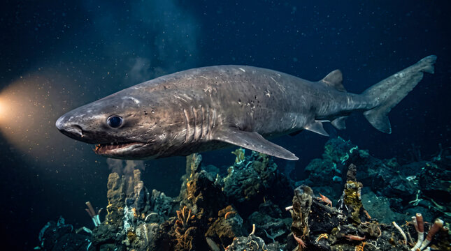 A large greenland shark swimming slowly over the dark rocky ocean floor in the deep arctic waters