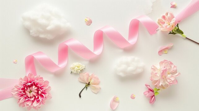 Elegant pink ribbon with delicate spring flowers and soft cotton clouds on white background. Creative feminine flat lay concept for greeting cards and breast cancer awareness.