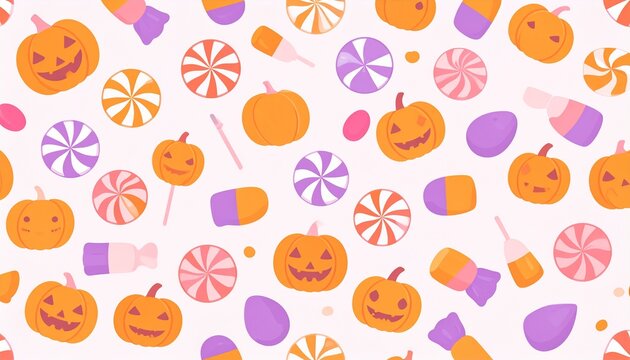 Cute Halloween candy and pumpkin seamless pattern in orange purple