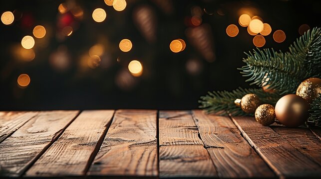 Empty wooden table with gold ornaments and festive bokeh lights background for Christmas and New Year product display.