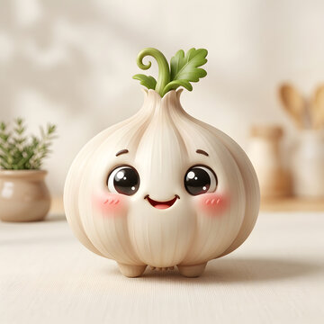 Cute cartoon 3D render of a smiling garlic bulb character with rosy cheeks and green sprout on clean kitchen background