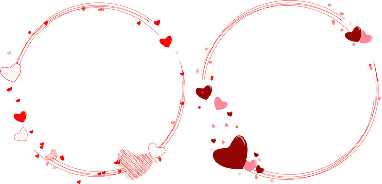 Two decorative round frames with red and pink hearts for love cards